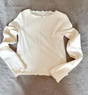 Aerie Cream Ribbed Scallop-Edge Long Sleeve Top thumbnail 1