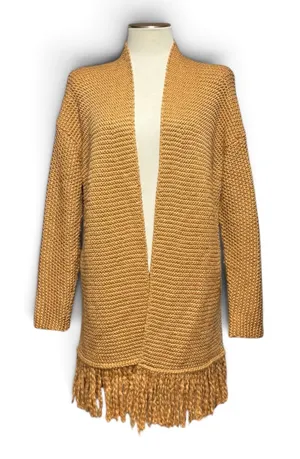 J.Jill Wool Long Sleeve Open Front Textured Knit Cardigan Fringe Saffron Small thumbnail 1