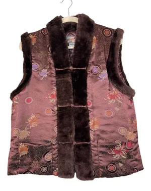 April Cornell Brown Quilted Floral Faux Fur Trim Vest Womens M Fall Boho Vintage thumbnail 1