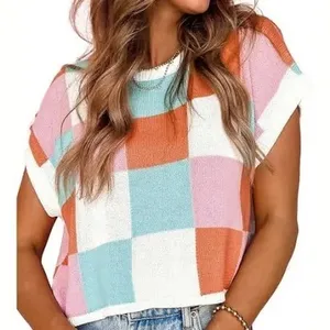 Womens Checkerboard Knit Sweater Vest Cropped Boxy Crew Neck Top Disco Festival thumbnail 2