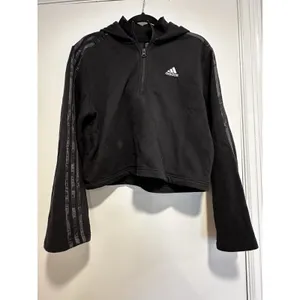 Adidas Athleisure Cropped Quarter Zip Hoodie Sz:M Black Camo Stripe Pullover thumbnail 2