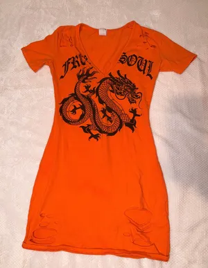 Orange V-Neck Mini Dress with Black Dragon Graphic thumbnail 1