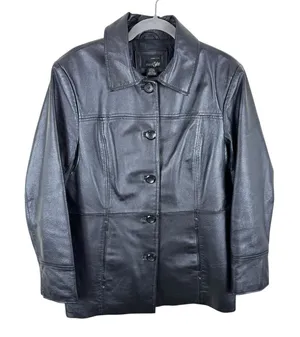 East 5th Black 100% Leather Collared Button Up Lined Jacket Pockets‎ Size Large thumbnail 1