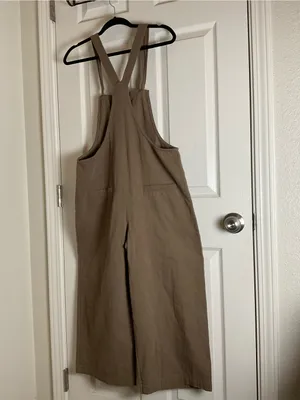 Miou Muse Taupe Linen-Blend Wide-Leg Overalls - Size M Women’s thumbnail 9