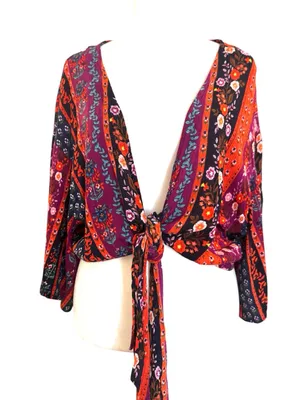 PATRONS OF PEACE by Anthropologie, boho floral, front tie shrug, size M thumbnail 2