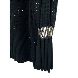 Bebe Lace Up Shoulder Sweater Top XL Black Open Knit Metallic Cage Sleeve NWT thumbnail 3