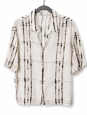 Zara Abstract Print Button Up Shirt Women’s M Beige Black Oversized Blouse thumbnail 1