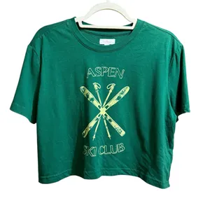 Colsie Womens Green Aspen Ski‎ Club Cropped Graphic Tee Sz L thumbnail 1