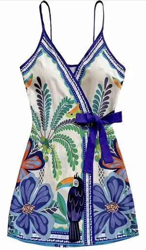 SOLY HUX Women's Tropical Print Mini Dress Summer Wrap V Neck Blue Floral S thumbnail 1