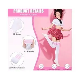 White with 3 Pink Stripes Over the Knee Tall Socks ONE SIZE School Girl NEW thumbnail 2