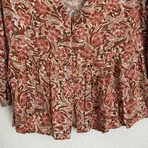 O’Neill pink and brown tropical floral peplum button blouse 3/4 sleeve size M thumbnail 2