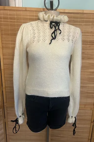 ZARA Ivory Lace Knit Sweater Ruffle Collar Bow Coquette Preppy Academia Small thumbnail 1