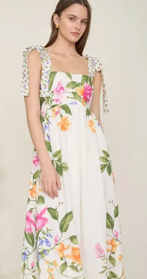 NWT Blu Pepper Off White Floral Tie Strap Empire Waist Midi Dress – Large thumbnail 1