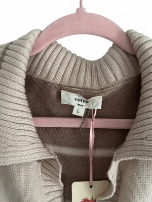 Entro Striped Collared Pullover Sweater Beige & Brown Polo Collar Knit Top Sz L thumbnail 4