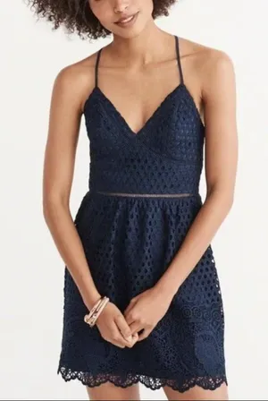 Abercrombie and Fitch Navy Blue Eyelet Criss Cross Back Mini Dress Size Small thumbnail 1