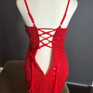 Women’s Red Sequined Short Homecoming Party Dress Ruffle Hem Corset Back Size 2 thumbnail 7