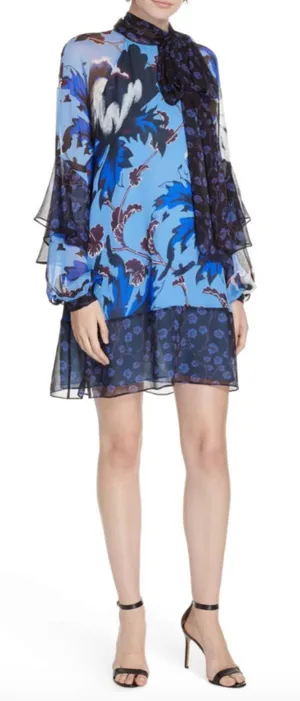 Diane von Furstenberg Designer 100% Silk Floral Blue Long Sleeve Blouse Size S thumbnail 1