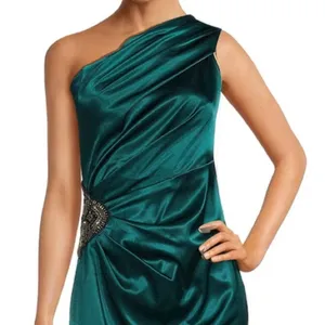 ELIZA J One Shoulder Sleeveless Satin Beaded Sheath Dress Hunter Green Size 8 thumbnail 3