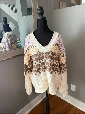Pol x Anthropologie V Neck Studded Geometric Oversized Knit Sweater Large thumbnail 2