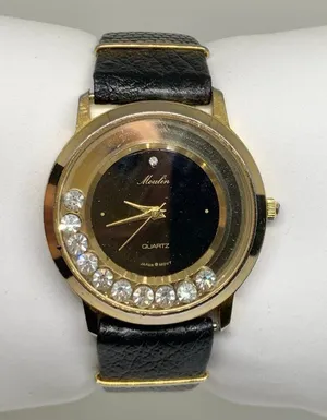 Vintage moulin women watch floating crystals gold tone 33mm black running thumbnail 1