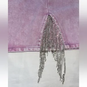 Sparkle Rhinestone Fringe Pink Denim Mini Skirt. Women’s Large-High Waisted thumbnail 2
