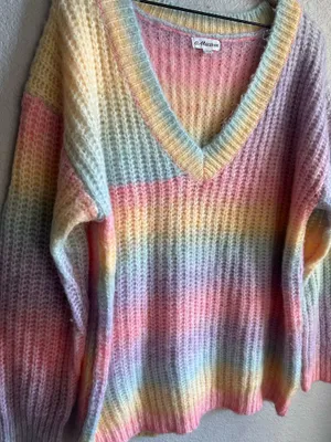 Beginning Boutique Rainbow Colorful Knit V-Neck Sweater thumbnail 2