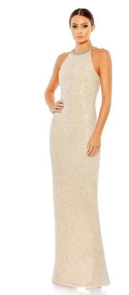 New NWT Mac Duggal Beaded Sleeveless High Neck Column Gown Nude Silver Size 6 thumbnail 1