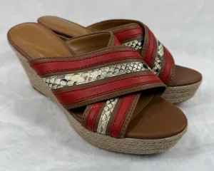 Coach Red Snakeskin‎ Striped Espadrille Wedge Platform Sandals Slides 8.5 READ thumbnail 1