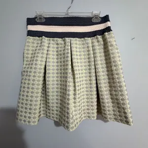 Anthropologie Maeve Light Green Polka Dot Mini Skirt with Navy & Cream Waistband thumbnail 1