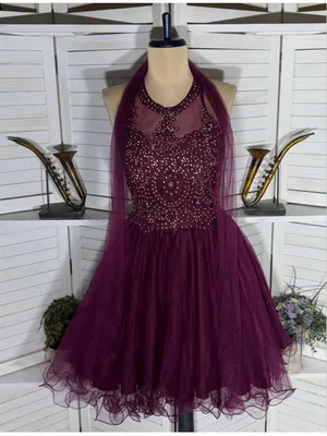 Burgundy mesh mini dress beaded halter open back fit flare homecoming whimsigoth thumbnail 1