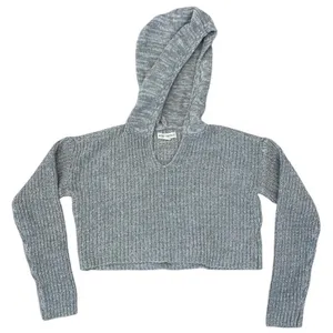 Aeropostale Womens XS Hooded Cropped Sweater Gray Knit V Neck Relaxed Cozy thumbnail 1