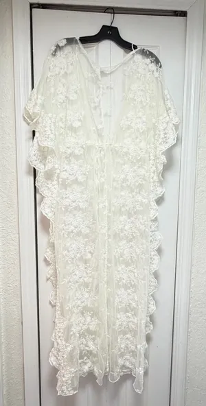 Ark & Co. White Floral Lace Duster Kimono Maxi Swim Cover-Up / Robe - Size S ✨ thumbnail 11