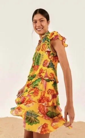Farm Rio Yellow Beaks & Bananas Mini Dress Small Tropical Toucan Tiered Resort thumbnail 1