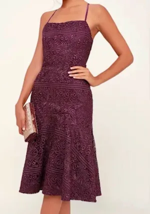 NWT Lulus Women’s Magic Moments Plum Purple Lace-Up Lace Midi Dress Size XS thumbnail 1