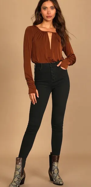 Free People Kaya Rust Brown Long Sleeve Cutout Bodysuit S thumbnail 1