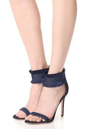 Sam Edelman Anabeth Denim Fringe 4" Heels Sandals Womens Size 8.5 Open Toe‎ Zip thumbnail 1