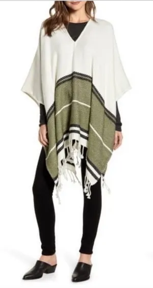 Treasure & Bond Fringe Poncho Striped Boho Jacket Cover Cozy Warm Winter v6x thumbnail 1