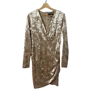 Lulu's Champagne Velvet Long Sleeve Mini Dress‎ L thumbnail 2