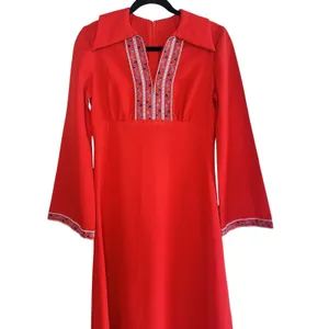 VTG 70s Handmade Red Maxi Dress Boho Embroidered‎ Disco Collar Bell Sleeve Small thumbnail 3