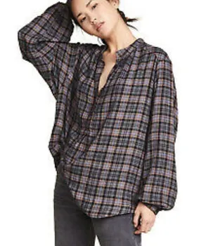Free People Gray and Black Boxy Blouse with Mandarin Collar thumbnail 4