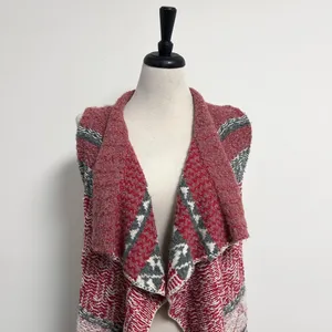 Anthropologie Sleeping On Snow Red Ivory Quillins Jacquard Open Vest Duster M/LP thumbnail 2