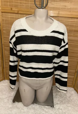 Gypsy Cloud Women's Black and White Striped Crewneck Sweater cropped crotchet L thumbnail 1