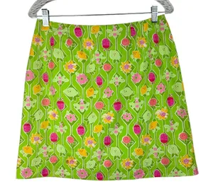 Vtg Lilly Pulitzer Green Floral Spring Mini Skirt Sz 10 Lime Lemon Ladybug thumbnail 1