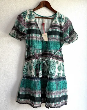 NEW Anthro Raga Womens Dress Teal Caravan Short Wrap Short Sleeve Size Small thumbnail 1