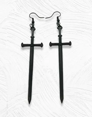 Black Goth Sword Pendant Long Hook Earrings thumbnail 1