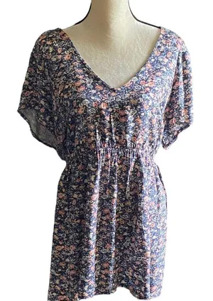 Torrid Beautiful floral babydoll tunic, short sleeves.m, cross back thumbnail 1