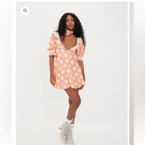 For Love & Lemons‎ Mini Dress Women L Peach Polka Dot CD2932-SP23 Lace Trim New thumbnail 3