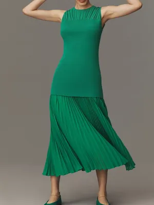 Mare Mare x Anthropologie Sleeveless Twofer Maxi Dress size M green knit pleat thumbnail 1