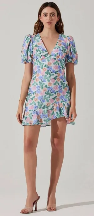 NWT Astr The Label Floral Puff Sleeve Cutout Dress L thumbnail 1