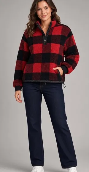 American Eagle Red Black Buffalo Plaid Sherpa Fleece Pullover Size M thumbnail 1
